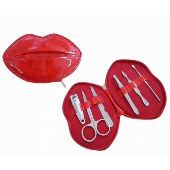 Hermoso set de manicura multifuncional en estuche rojo con forma de labios